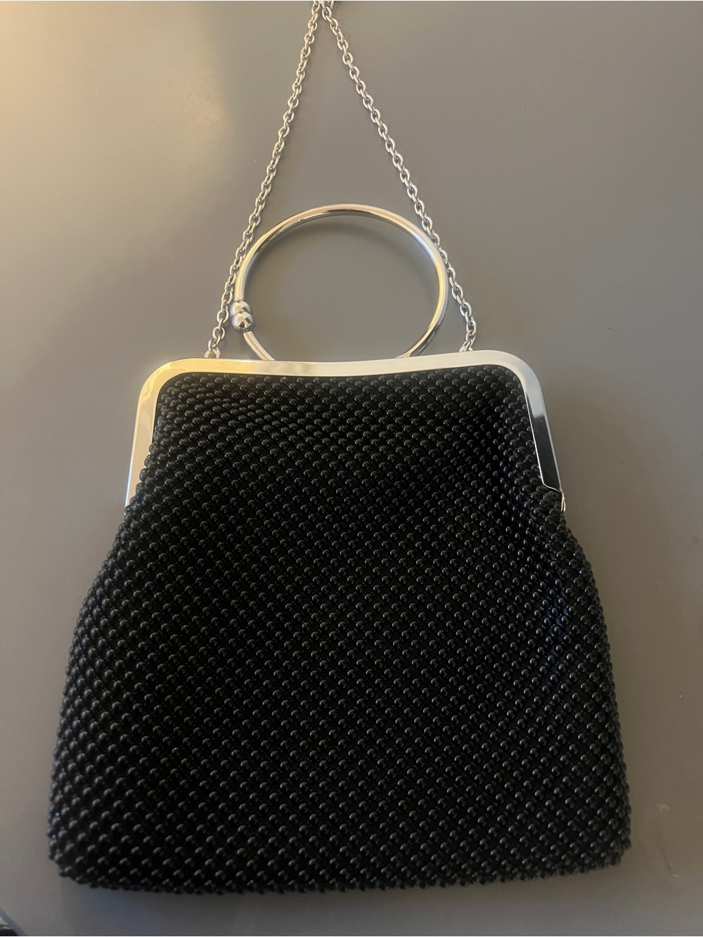 Black Beaded Evening Clutch with Silver Frame and Chain